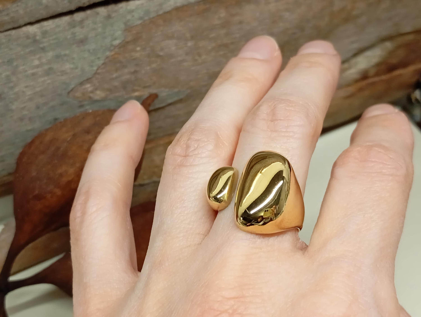 Stylish bold ring,adjustable stainless steel waterproof hypoallergenic 18K gold plated asymmetric open finger ring trendy, gift for her