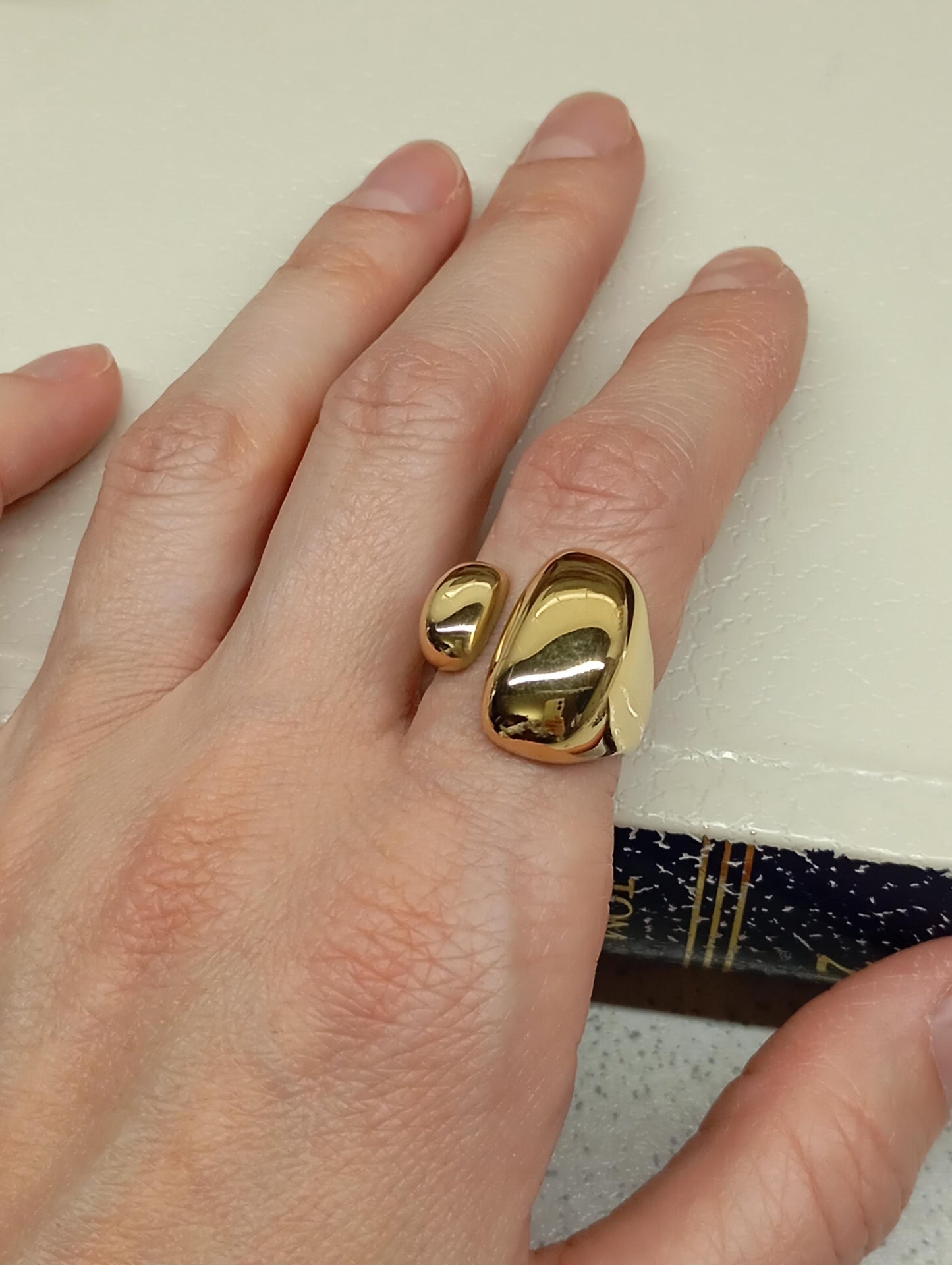 Stylish bold ring,adjustable stainless steel waterproof hypoallergenic 18K gold plated asymmetric open finger ring trendy, gift for her