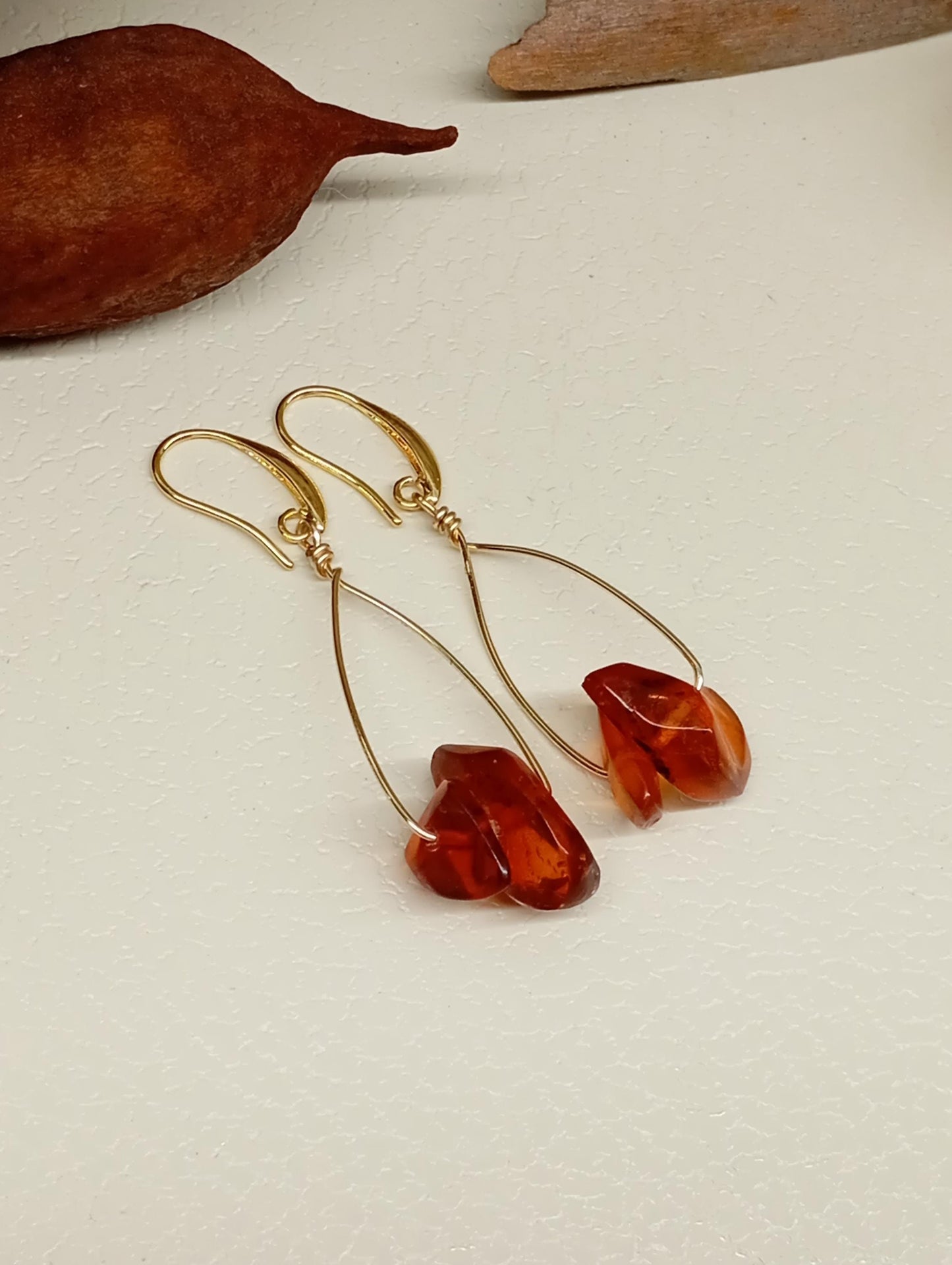 Baltic Amber Earrings - Gold plated Wire Wrapped, handmade earrings, Unique Vintage Dainty Elegant Evening Bohemian Natural Gemstone