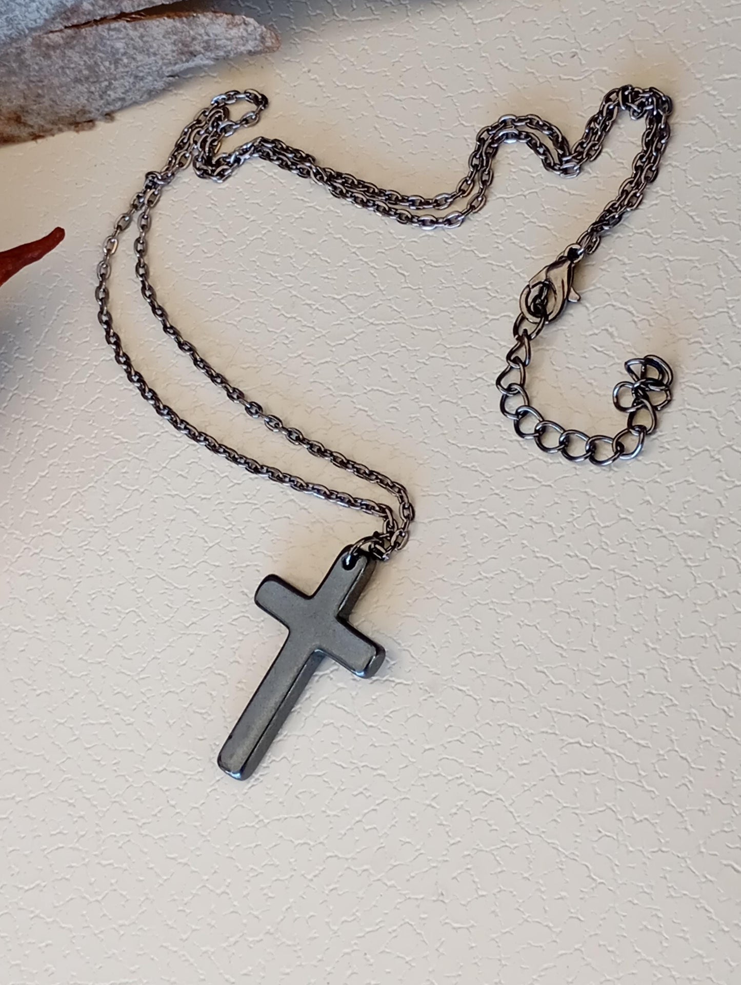 Hematite Cross Pendant Necklace, Christian Religious Classic Cross Charms Gemstone Necklace, stainless steel chain Men , Gift for beliver