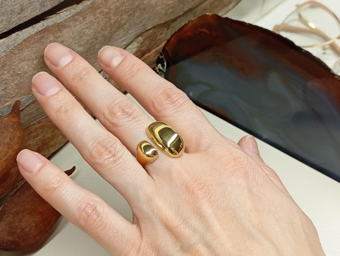 Stylish bold ring,adjustable stainless steel waterproof hypoallergenic 18K gold plated asymmetric open finger ring trendy, gift for her