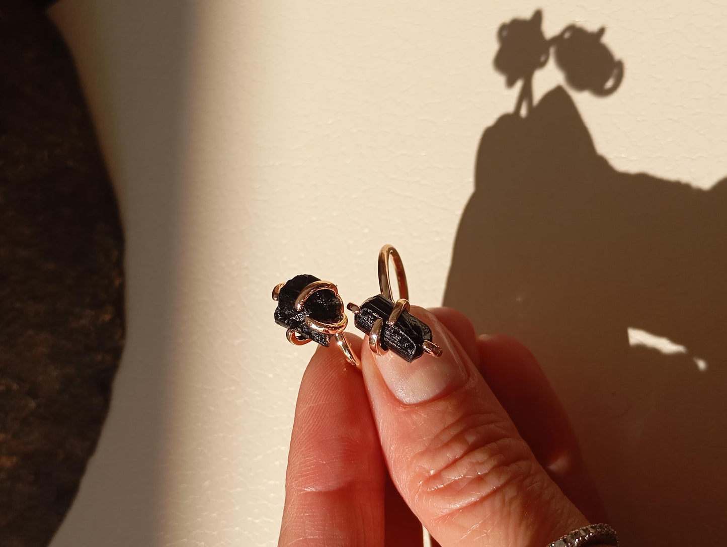 Raw black tourmaline adjustable finger ring in silver or gold, gemstone, healing protection, mascot, fashion, wedding,elegant,gift for women