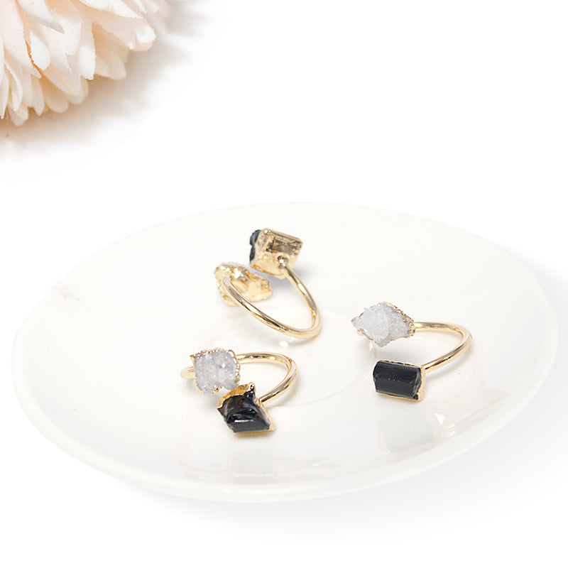 Open finger ring with two raw crystals Black Tourmaline and quartz druzy crystal, natural gem, fashion dainty elegant healing protection