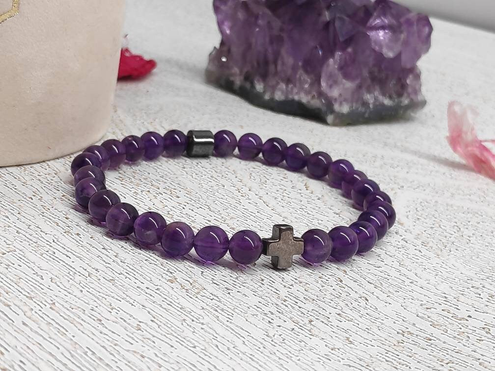 Amethyst Beaded Bracelet, Stretch Bracelet, Natural Gemstone Bracelet, Religious Hematite Cross Bracelet, Healing Bracelet, Gift Idea