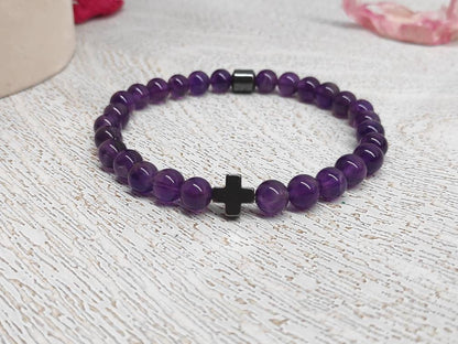 Amethyst Beaded Bracelet, Stretch Bracelet, Natural Gemstone Bracelet, Religious Hematite Cross Bracelet, Healing Bracelet, Gift Idea