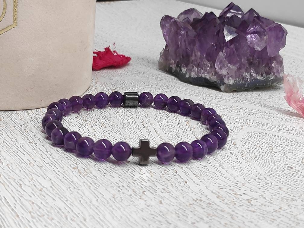 Amethyst Beaded Bracelet, Stretch Bracelet, Natural Gemstone Bracelet, Religious Hematite Cross Bracelet, Healing Bracelet, Gift Idea
