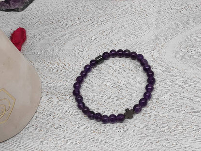 Amethyst Beaded Bracelet, Stretch Bracelet, Natural Gemstone Bracelet, Religious Hematite Cross Bracelet, Healing Bracelet, Gift Idea