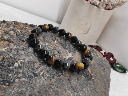 Hematite, Black Obsidian, Tiger Eye Beaded Bracelet, Triple Protection Stretch Bracelet, Gemstone Bracelet,Energy Healing Gift For Boyfriend