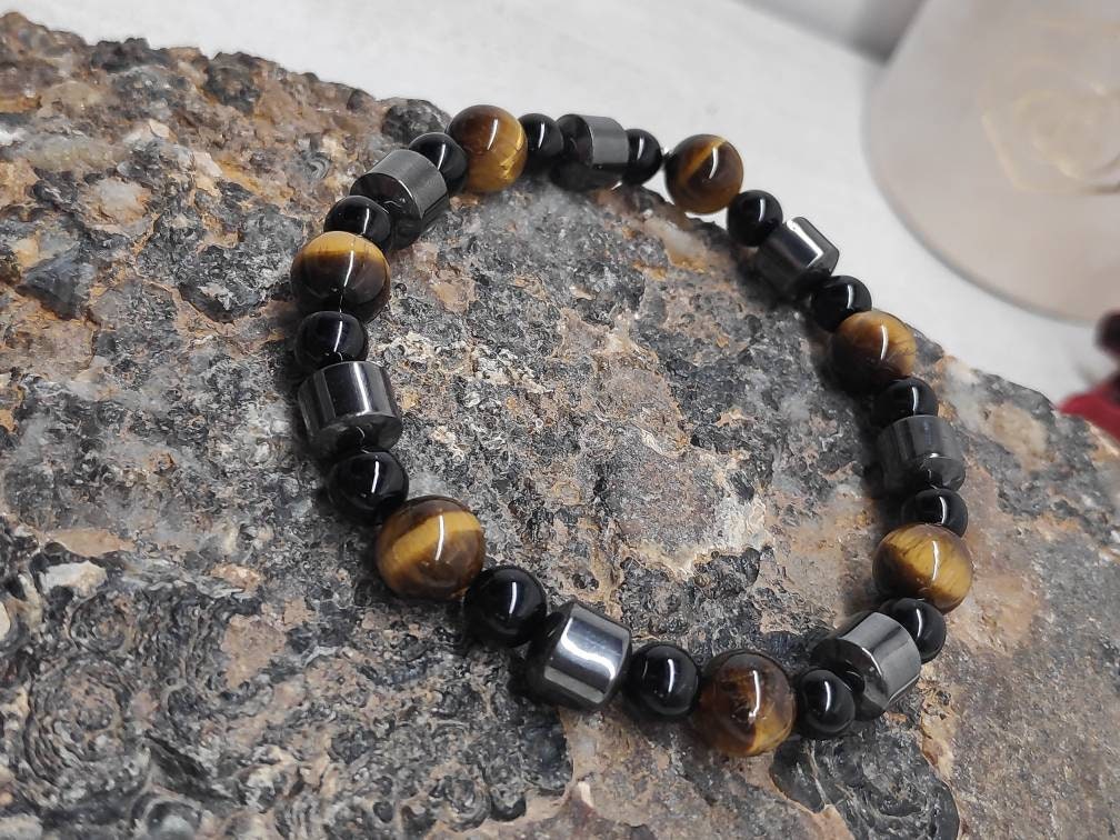 Tiger Eye, Black Obsidian, Hematite Triple Protection Beaded Bracelet, Stretch Bracelet, Gemstone Beads, Balance Healing Energy Bracelet