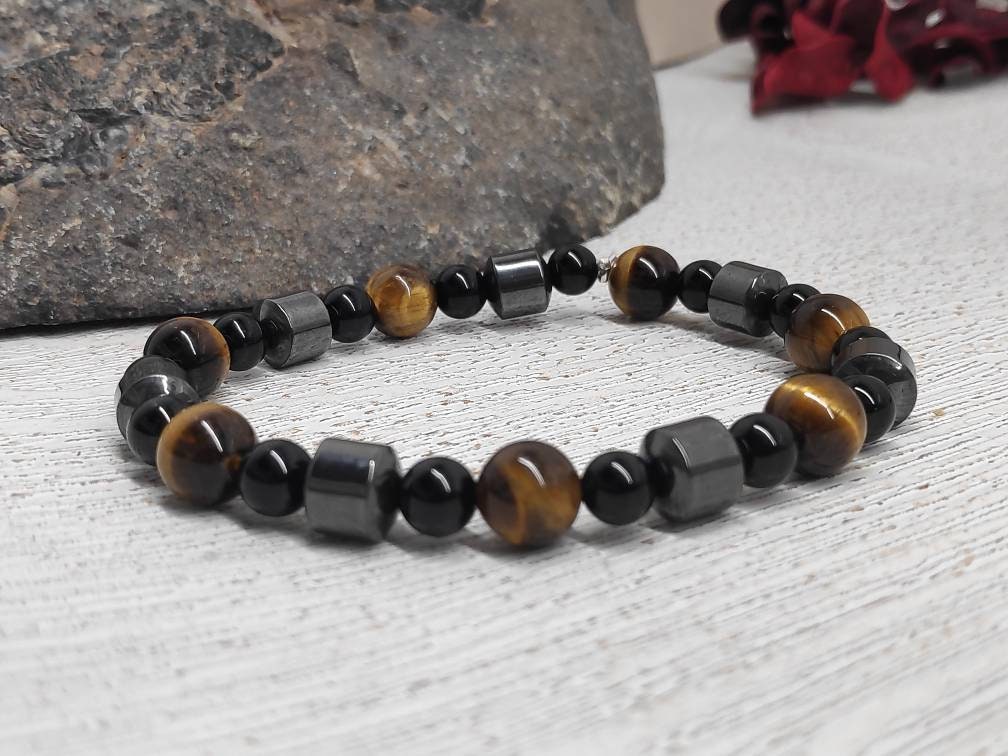 Tiger Eye, Black Obsidian, Hematite Triple Protection Beaded Bracelet, Stretch Bracelet, Gemstone Beads, Balance Healing Energy Bracelet