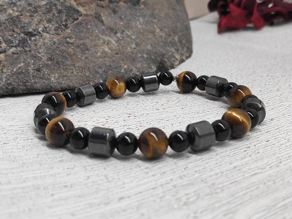 Tiger Eye, Black Obsidian, Hematite Triple Protection Beaded Bracelet, Stretch Bracelet, Gemstone Beads, Balance Healing Energy Bracelet