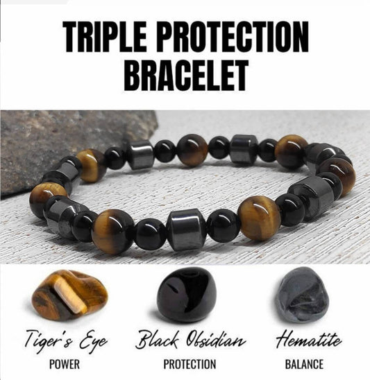 Tiger Eye, Black Obsidian, Hematite Triple Protection Beaded Bracelet, Stretch Bracelet, Gemstone Beads, Balance Healing Energy Bracelet