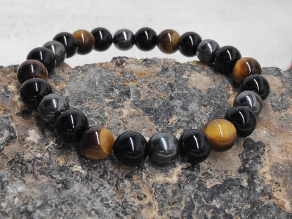 Hematite, Black Obsidian, Tiger Eye Beaded Bracelet, Triple Protection Stretch Bracelet, Gemstone Bracelet,Energy Healing Gift For Boyfriend