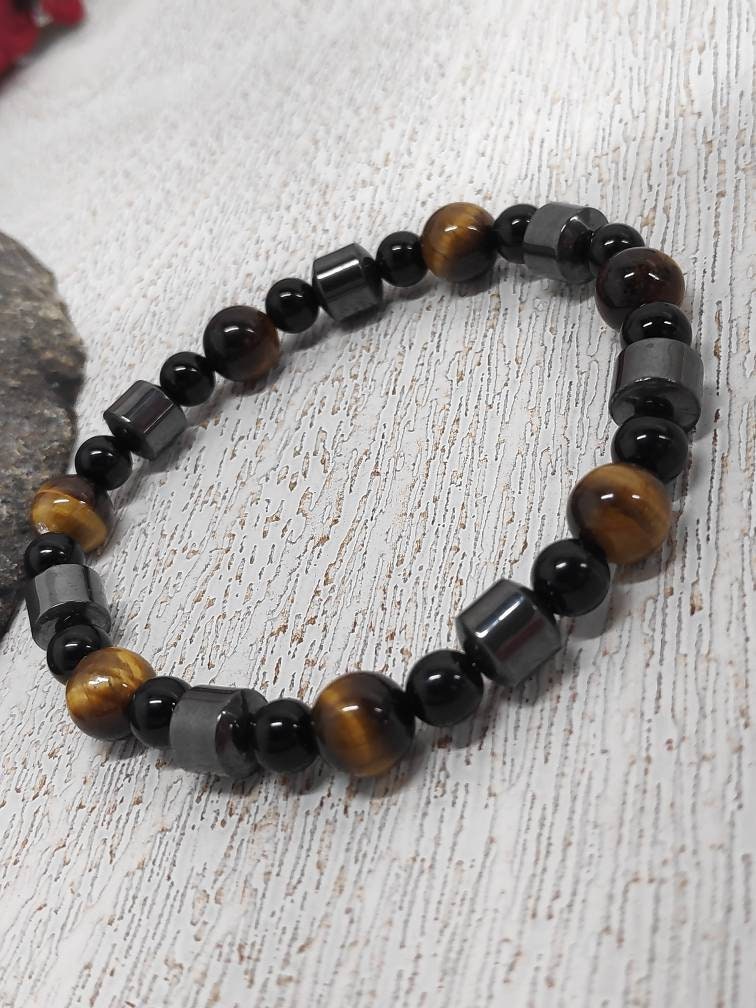 Tiger Eye, Black Obsidian, Hematite Triple Protection Beaded Bracelet, Stretch Bracelet, Gemstone Beads, Balance Healing Energy Bracelet