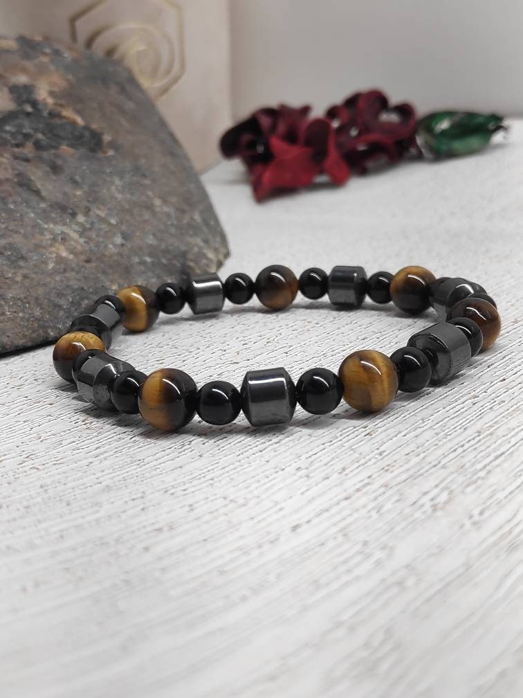 Tiger Eye, Black Obsidian, Hematite Triple Protection Beaded Bracelet, Stretch Bracelet, Gemstone Beads, Balance Healing Energy Bracelet