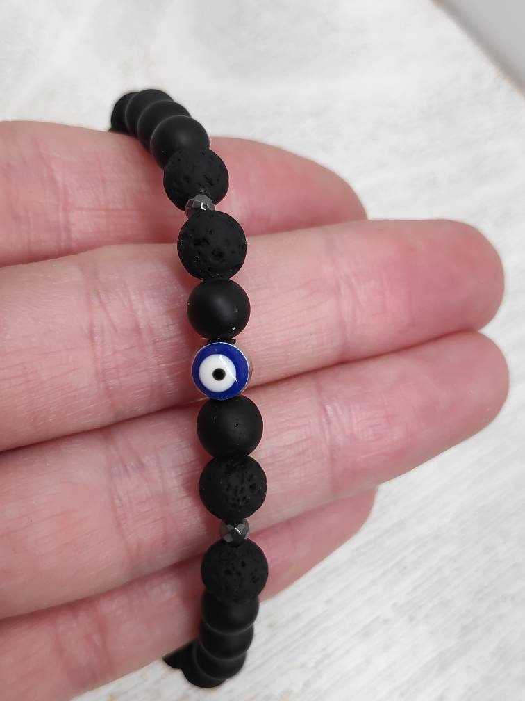 Black Lava Beaded Bracelet• Evil Eye bracelet• Onyx Lava Beads Bracelet Men• Black beads Bracelet• Gemstone Stretch Bracelet• Gift for him