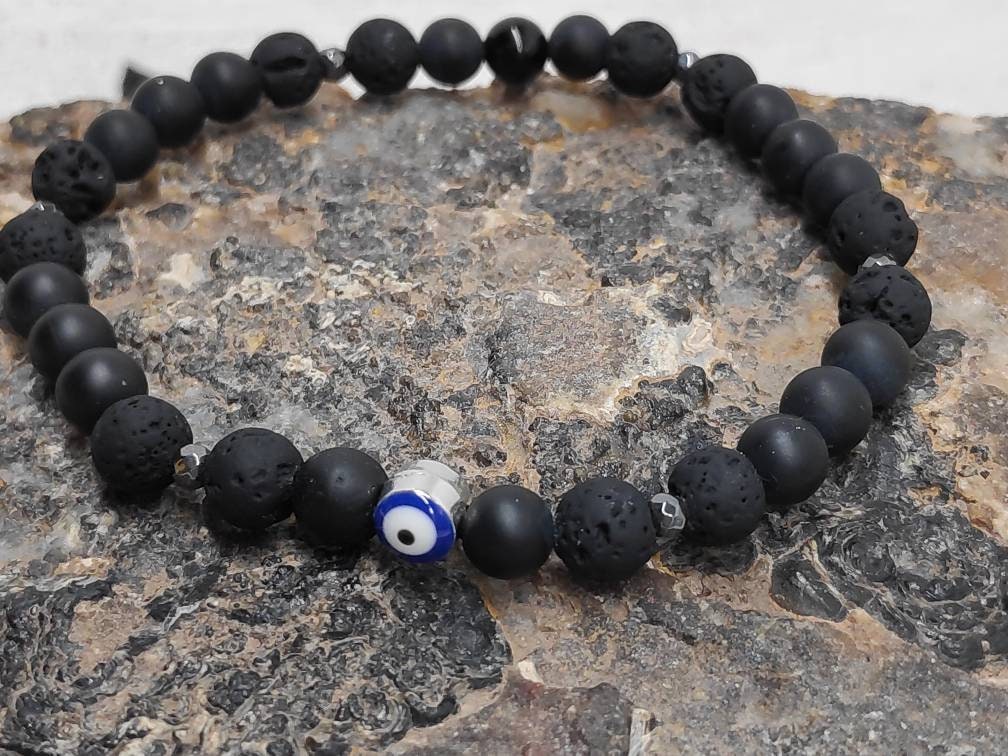 Black Lava Beaded Bracelet• Evil Eye bracelet• Onyx Lava Beads Bracelet Men• Black beads Bracelet• Gemstone Stretch Bracelet• Gift for him