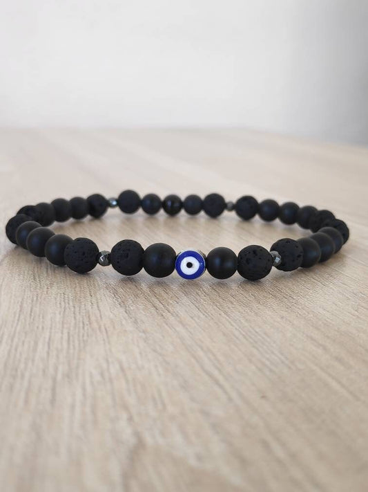 Black Lava Beaded Bracelet• Evil Eye bracelet• Onyx Lava Beads Bracelet Men• Black beads Bracelet• Gemstone Stretch Bracelet• Gift for him