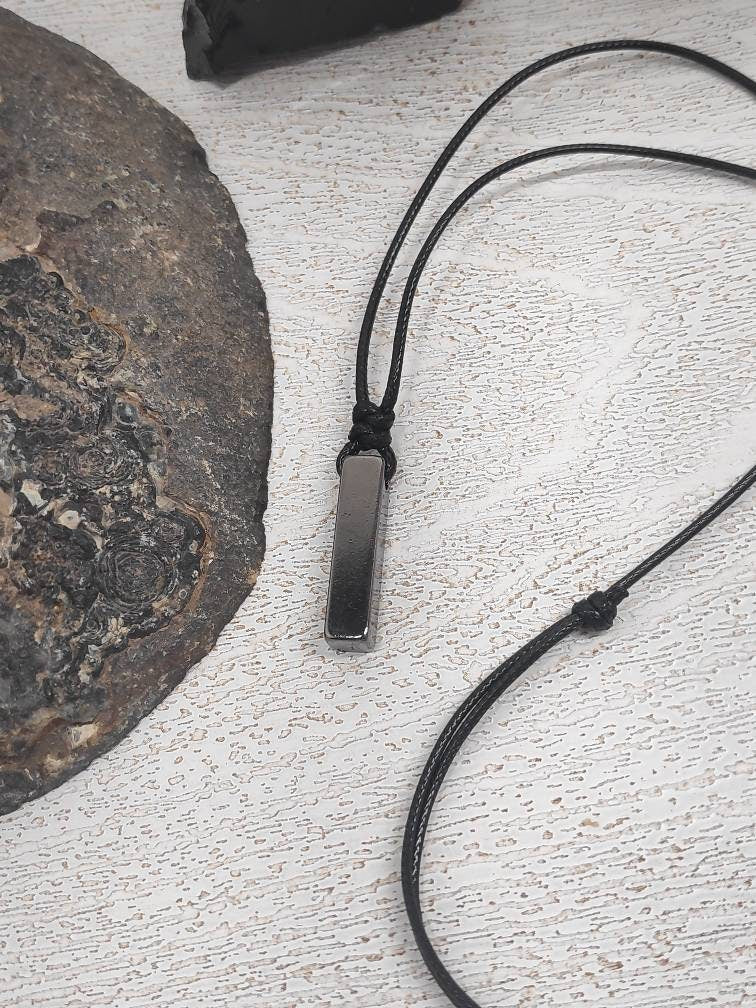 Rectangular Pendant Necklace for Men, Gunmetal Rectangular Necklace Stainless Steel Pendant Men, Adjustable Black Cord Necklace