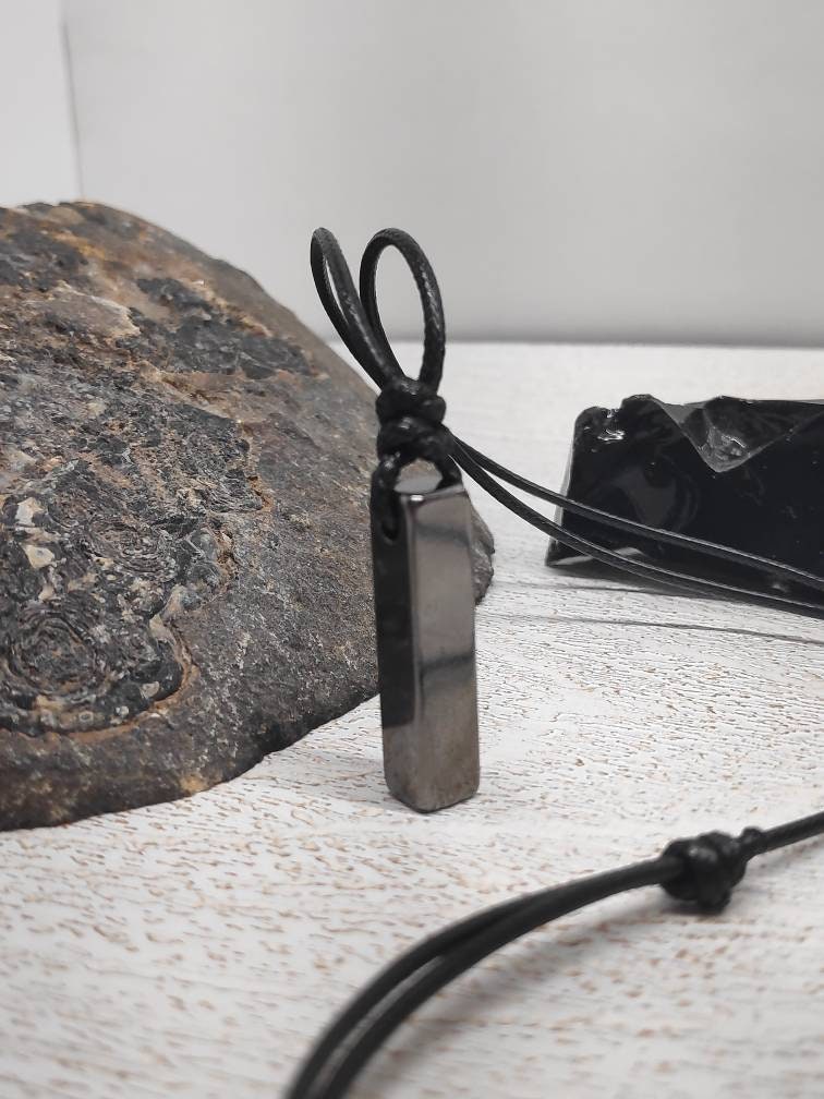 Rectangular Pendant Necklace for Men, Gunmetal Rectangular Necklace Stainless Steel Pendant Men, Adjustable Black Cord Necklace
