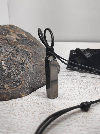 Rectangular Pendant Necklace for Men, Gunmetal Rectangular Necklace Stainless Steel Pendant Men, Adjustable Black Cord Necklace