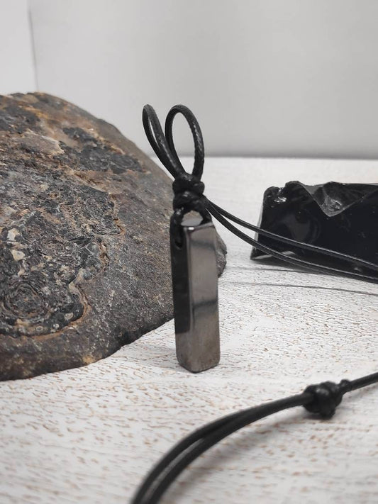Rectangular Pendant Necklace for Men, Gunmetal Rectangular Necklace Stainless Steel Pendant Men, Adjustable Black Cord Necklace