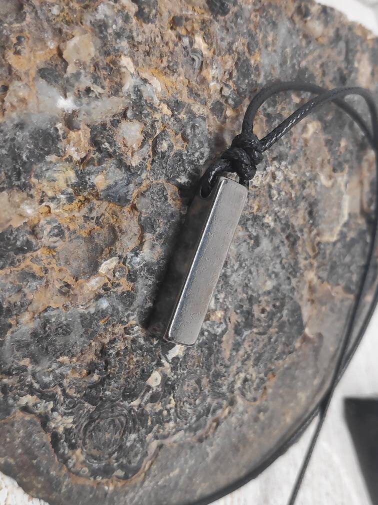 Rectangular Pendant Necklace for Men, Gunmetal Rectangular Necklace Stainless Steel Pendant Men, Adjustable Black Cord Necklace