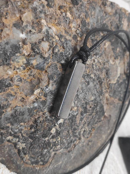 Rectangular Pendant Necklace for Men, Gunmetal Rectangular Necklace Stainless Steel Pendant Men, Adjustable Black Cord Necklace