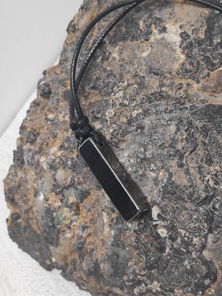 Rectangular Pendant Necklace for Men, Gunmetal Rectangular Necklace Stainless Steel Pendant Men, Adjustable Black Cord Necklace