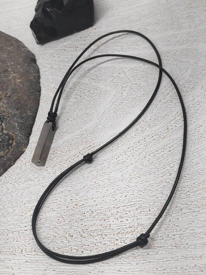 Rectangular Pendant Necklace for Men, Gunmetal Rectangular Necklace Stainless Steel Pendant Men, Adjustable Black Cord Necklace