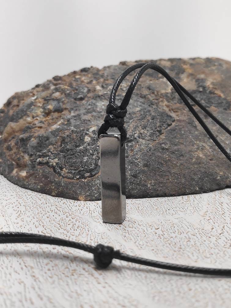 Rectangular Pendant Necklace for Men, Gunmetal Rectangular Necklace Stainless Steel Pendant Men, Adjustable Black Cord Necklace