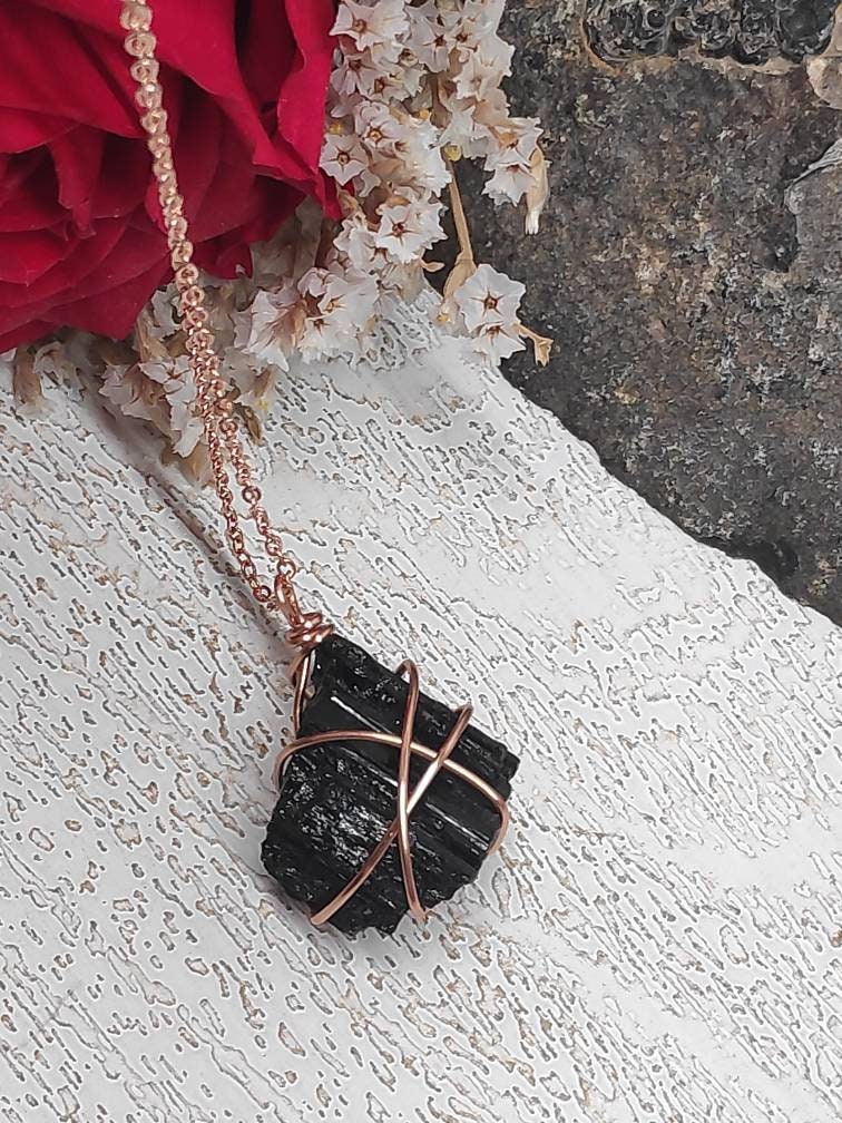 Raw Black Tourmaline Necklace, Dainty Random Wire Wrap Pendant, Reiki stone, Spiritual Healing Protection Stone, Natural Raw Gemstone