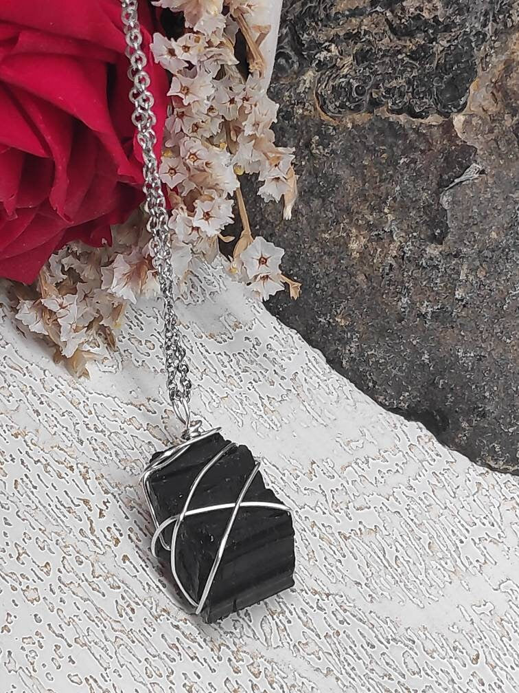 Raw Black Tourmaline Necklace, Dainty Random Wire Wrap Pendant, Reiki stone, Spiritual Healing Protection Stone, Natural Raw Gemstone
