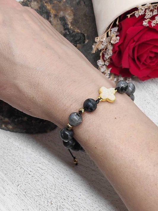 Larvikite Beads Adjustable Bracelet,  Gold Cross Druzy Crystals Bracelet, Natural Healing Protection Ene