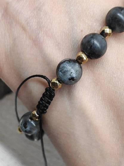 Larvikite Beads Adjustable Bracelet,  Gold Cross Druzy Crystals Bracelet, Natural Healing Protection Ene
