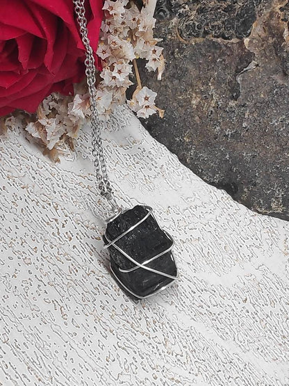 Raw Black Tourmaline Necklace, Dainty Random Wire Wrap Pendant, Reiki stone, Spiritual Healing Protection Stone, Natural Raw Gemstone