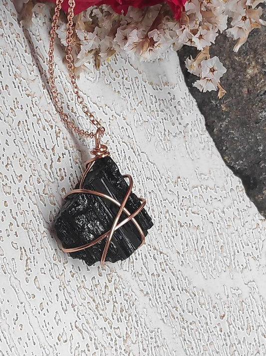 Raw Black Tourmaline Necklace, Dainty Random Wire Wrap Pendant, Reiki stone, Spiritual Healing Protection Stone, Natural Raw Gemstone