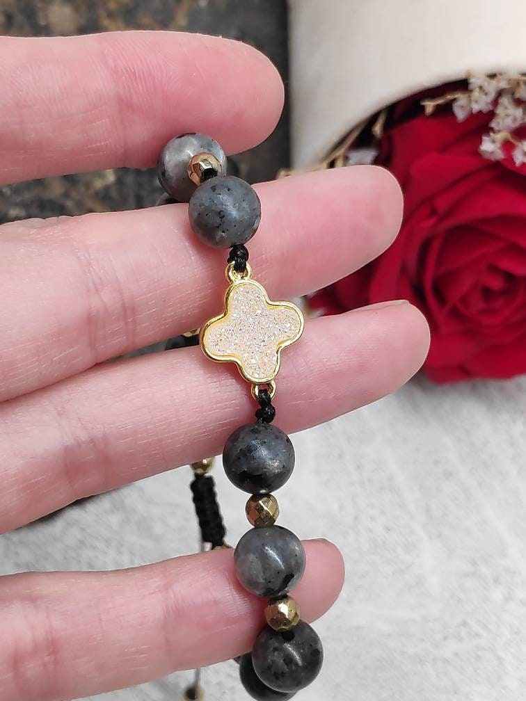 Larvikite Beads Adjustable Bracelet,  Gold Cross Druzy Crystals Bracelet, Natural Healing Protection Ene