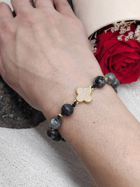 Larvikite Beads Adjustable Bracelet,  Gold Cross Druzy Crystals Bracelet, Natural Healing Protection Ene