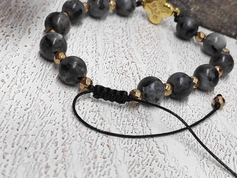 Larvikite Beads Adjustable Bracelet,  Gold Cross Druzy Crystals Bracelet, Natural Healing Protection Ene
