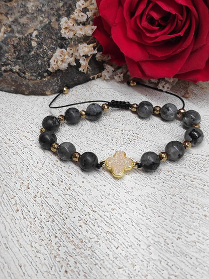 Larvikite Beads Adjustable Bracelet,  Gold Cross Druzy Crystals Bracelet, Natural Healing Protection Ene
