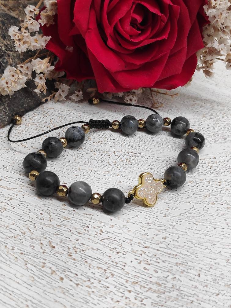 Larvikite Beads Adjustable Bracelet,  Gold Cross Druzy Crystals Bracelet, Natural Healing Protection Ene