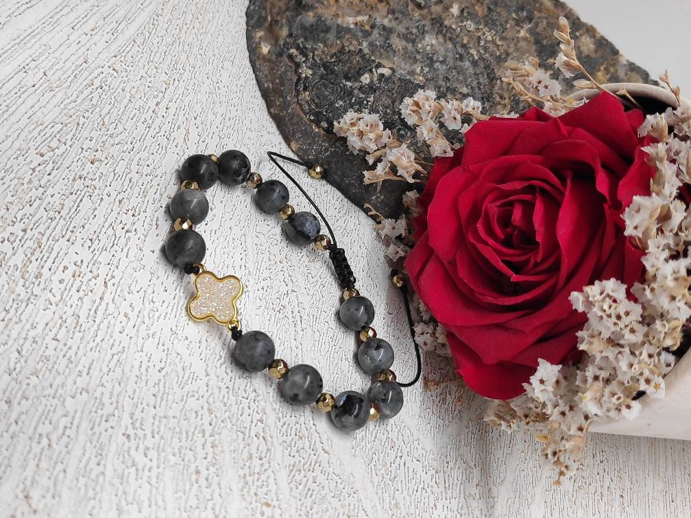 Larvikite Beads Adjustable Bracelet,  Gold Cross Druzy Crystals Bracelet, Natural Healing Protection Ene
