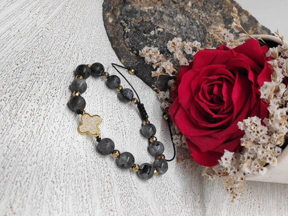 Larvikite Beads Adjustable Bracelet,  Gold Cross Druzy Crystals Bracelet, Natural Healing Protection Ene