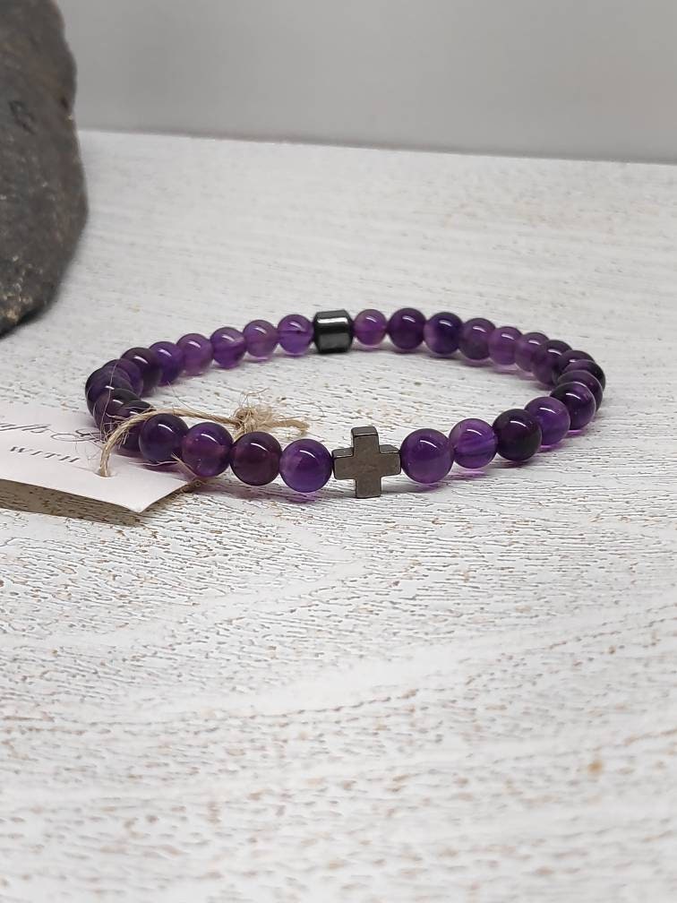 Amethyst Beaded Bracelet, Stretch Bracelet, Natural Gemstone Bracelet, Religious Hematite Cross Bracelet, Healing Bracelet, Gift Idea