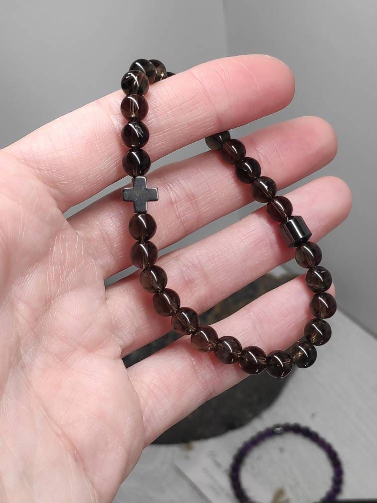 Amethyst Beaded Bracelet, Stretch Bracelet, Natural Gemstone Bracelet, Religious Hematite Cross Bracelet, Healing Bracelet, Gift Idea