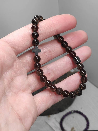 Amethyst Beaded Bracelet, Stretch Bracelet, Natural Gemstone Bracelet, Religious Hematite Cross Bracelet, Healing Bracelet, Gift Idea