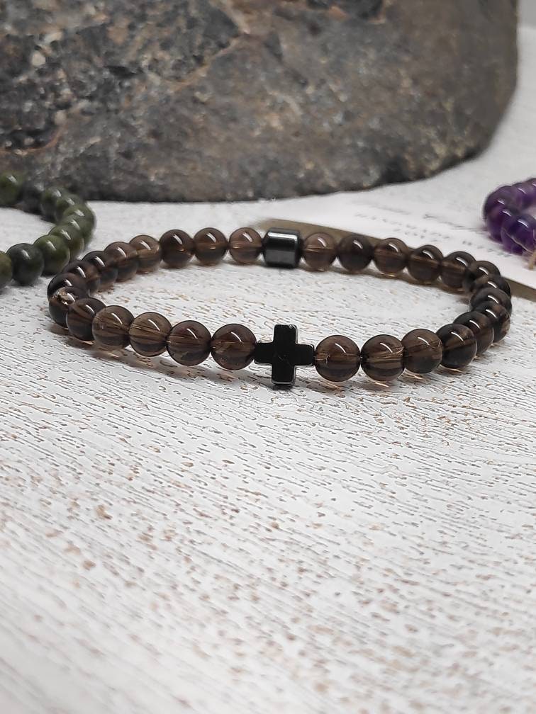 Amethyst Beaded Bracelet, Stretch Bracelet, Natural Gemstone Bracelet, Religious Hematite Cross Bracelet, Healing Bracelet, Gift Idea