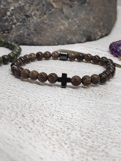 Amethyst Beaded Bracelet, Stretch Bracelet, Natural Gemstone Bracelet, Religious Hematite Cross Bracelet, Healing Bracelet, Gift Idea