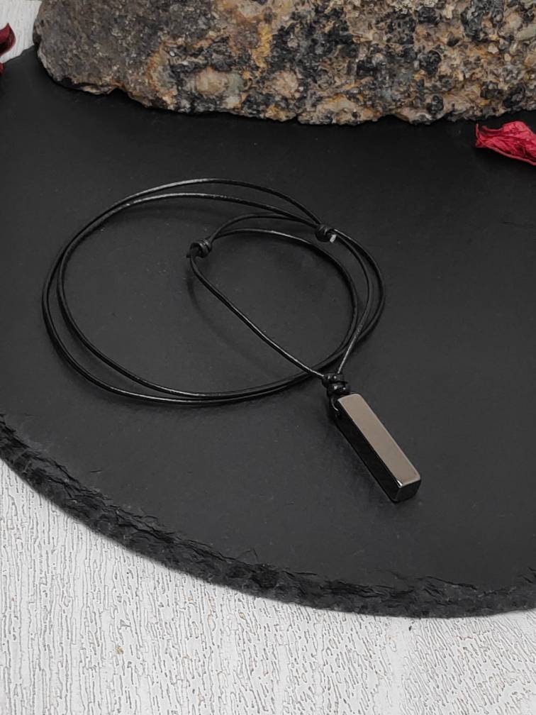 Rectangular Pendant Necklace for Men, Gunmetal Rectangular Necklace Stainless Steel Pendant Men, Adjustable Black Cord Necklace